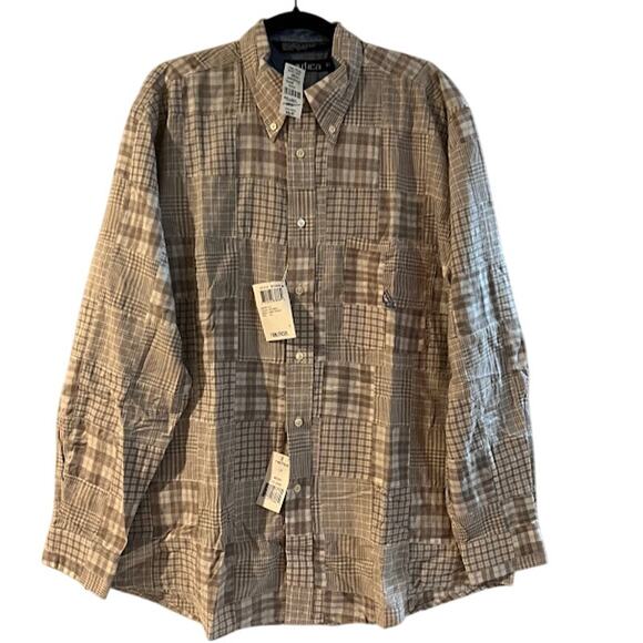 NWT VTG Y2K Nautica Shirt Mens Tan and White Madras Button Down Full Fit Size L - Picture 1 of 5